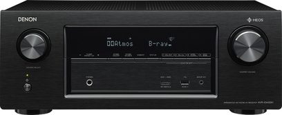 Denon AVR-X3400H sort hjemmebiografsforstærker, frontvisning, LED-display, knapper og stik på forsiden, to sølvfarvede drejeknapper
