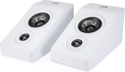 Twee witte Polk Audio R900 luidsprekers, frontaal gezien, met zichtbare drivers op de schuine bovenkant