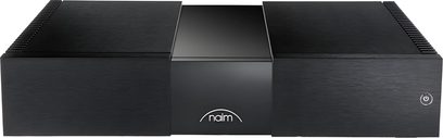 Amplificatore di potenza hi-fi Naim Audio NAP 250, chassis in alluminio spazzolato nero, pannello frontale minimalista, logo bianco