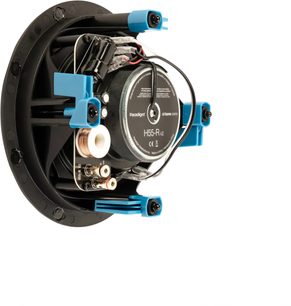Altoparlante da incasso a soffitto H55-R v2, vista posteriore, struttura circolare nera, componenti interni visibili, fissaggi blu