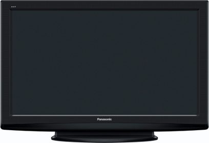 Panasonic TX-PF37X20 sort fladskærms-tv set forfra, slukket, 16/9-format, rektangulær base