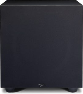 Paradigm Defiance V12 sort satineret subwoofer, set forfra, kubisk form, mat sort finish, sort frontgitter