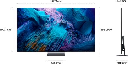 Samsung TQ85QN990F 85 Zoll Fernseher in Schwarz mit ultrafinem Metallrahmen, randlosem Flachbildschirm und silbernem, trapezförmigem Zentralstandfuß, abgebildet in Vorder- und Seitenansicht