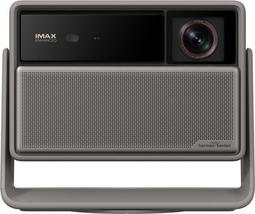 Сірий відеопроєктор XGIMI Horizon 20 Max, пластиковий корпус і перфорована металева решітка, об’єктив праворуч, вигляд спереду