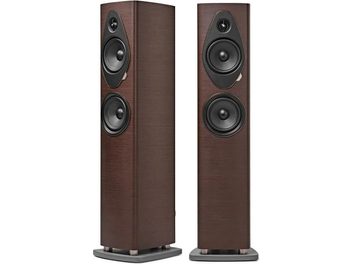 Enceintes colonne Sonus Faber Sonetto III G2 wengé, vues de face et trois quarts avec haut-parleurs noirs