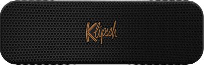 Boxă portabilă Klipsch Detroit, culoare neagră mată, formă dreptunghiulară alungită, colțuri rotunjite, logo auriu cursiv
