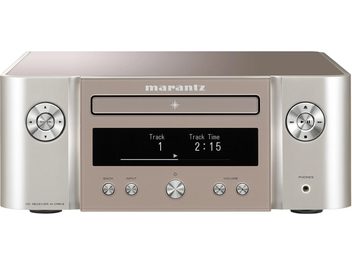 Kompaktes Marantz MCR-612 High-Fidelity-System in Silber, mit gebürsteter Metallfront, LCD-Display, Tasten, Reglern und Lautsprechern