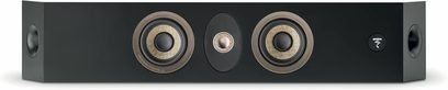 Focal On Wall 301 sort satin højtalerbibliotek, rektangulært kabinet i sort lakeret finish, let perspektivisk forfra, to mellemtoner/bas-højttalere med klar membran, der flankerer en central tweeter med metalkuppel, cirkulære sideventiler og Focal-logo til højre