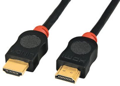 Dva černé HDMI kabely Lindy 41171, 1 m, se zlatými konektory, zobrazené shora vedle sebe na bílém pozadí