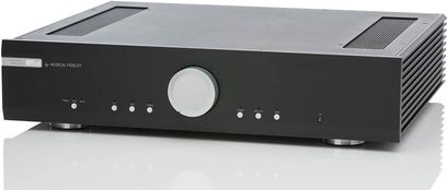 Integreret stereo hi-fi forstærker M5si sort, perspektivvisning, rektangulært kabinet, central cirkulær knap, 8 runde knapper, metalfødder