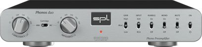 Preamplificatore phono SPL Phonos Duo argento, pannello frontale con regolazioni di capacità, impedenza, guadagno e ingressi XLR/RCA