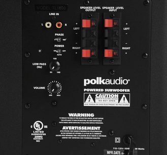 Sort kontrolpanel på en Polk Audio TL1600 baskabinettet med justeringer for lydstyrke, fase og lavpasfilter