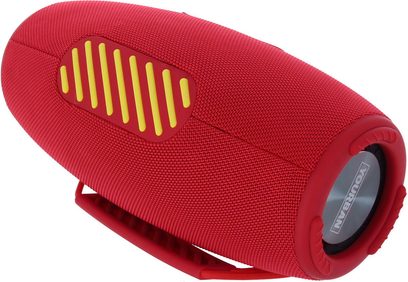 Bluetooth-højttaler Yourban Getone 45 rød, set fra siden, oval form, gul gitter, tekstureret stof, integreret håndtag