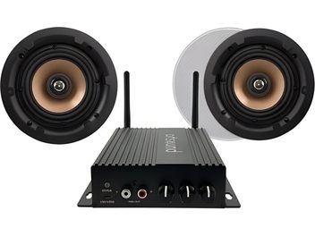 ArtSound SMART HPRO525 sett med to runde vegghøyttalere med kobberfarget membran og svart forsterker med antenner