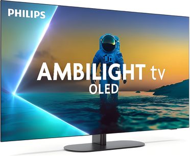 Philips 42OLED810 svart TV, glänsande OLED-skärm med ultrasmal glasram på oval metallfot, trekvarts vy framifrån