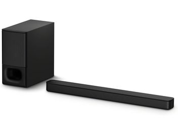 Bară de sunet Sony HT-S400 neagră, vedere din față, formă dreptunghiulară alungită, subwoofer cubic în stânga cu grilaj frontal
