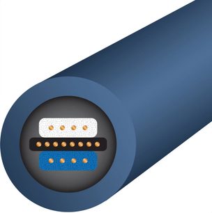 Kabel til subwoofer Wireworld Oasis 10 Mono 4m, cylindrisk blå kappe, tværsnit viser 3 parallelle ledere
