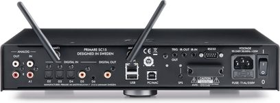 Primare SC15 Prisma juodas tinklinis garso grotuvas, priekinis vaizdas, su analoginiais ir skaitmeniniais jungtimis, ekranu, Wi-Fi antenomis