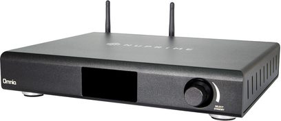 Amplificatore hi-fi stereo Nuprime Omnia A-200 nero, vista frontale, formato rettangolare, 2 antenne Wi-Fi, display LCD, manopola rotante
