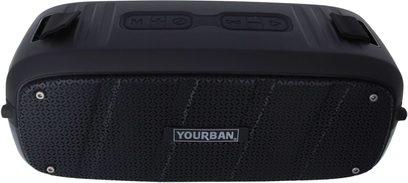 Bluetooth-højttaler Yourban Getone 60 sort, set forfra, tekstureret gitter, knapper på toppen, sidebeslag