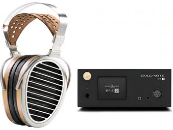 Hifiman HE1000 HiFi-hoofdtelefoon met zwarte Gold Note HP-5-hoofdtelefoonversterker, vooraanzicht