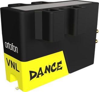 Celulă Ortofon VNL DANCE din plastic negru, partea frontală galbenă, vedere din trei sferturi, două găuri de prindere, contacte aurii