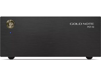 Отделно захранване hi-fi Gold Note PST-10, черен матиран преден панел, златисто кръгло лого вляво, син LED индикатор