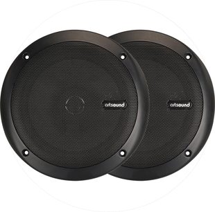 Černé vestavné stropní reproduktory ArtSound MDC64.2, kulatý pár s jemnou kovovou mřížkou, pohled zepředu