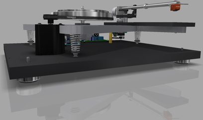 Gramofon Thorens TD 1601 ořech, pohled shora, raménko, talíř, tlačítka a konektory na zadní straně