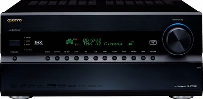 Onkyo PR-SC5508 must audio-videovõimendi, esipaneeliga sinisel värvil kuval, nuppude ja juhtimisrattaga