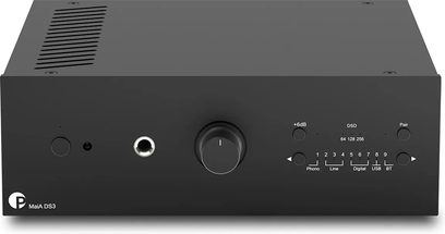 Integrerad stereoförstärkare Pro-Ject MaiA DS3 svart, framifrån, stilren front med stor central ratt och hörlursutgång