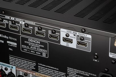 Ampli home-cinéma Denon AVR-X2800H DAB noir, vue arrière, connectique HDMI, audio, vidéo, antenne, réseau, alimentation