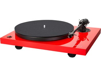 Gramofon hi-fi Music Hall MMF 2.3 LE w kolorze czerwonym, z matową czarną podstawką, czarnym ramieniem odczytującym i jaskrawoczerwonym, prostokątnym stojakiem