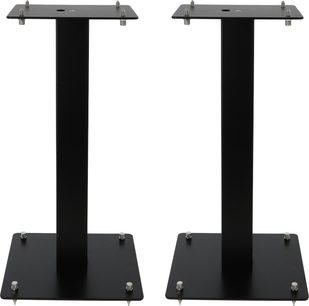 Enova HIFI MAJESTY 50 BL, set forfra, 2 sorte højttalerstativer, firkantet base, lodrette stænger, sølvskruer