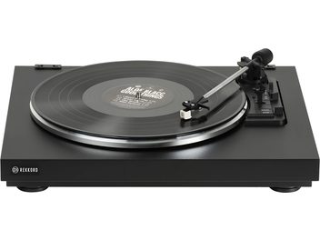 Hi-fi pladespiller Rekkord Audio F110 sort, rund pladespiller, tonarm med AT3600-pickup, få kontroller, set oppefra