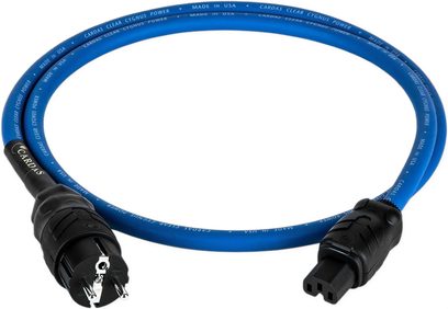 Cardas Clear Cygnus Power netledning 1m, blå kappe, hvide påskrifter, sorte stik, komplet visning i cirkel, gyldent logo på et stik