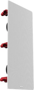 Nástěnný vestavný reproduktor Klipsch DS-250W-LCR Sky Hook bílý, pohled zepředu, s 3 červenými obdélníkovými reproduktory