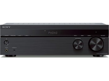 Sony STR-DH190, sedd framifrån, rektangulärt svart hölje, cirkulära knappar, digital skärm, hörlurs- och aux-ingångar