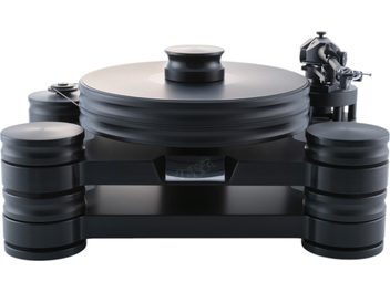Hi-Fi gramofon Transrotor Dark Star Reference RB330 v matné černé barvě s tlustým drážkovaným talířem poháněným řemenem, pravým ramenem a masivními válcovými nohami, pohled zepředu