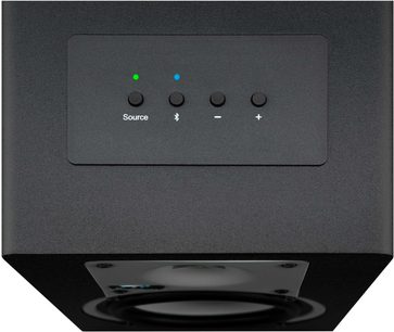 Černý ovládací panel se 4 kulatými tlačítky, 2 LED diodami (modrá a zelená), logem Bluetooth, symboly - a +, detailní pohled zepředu