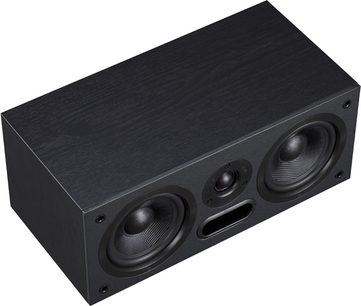 Davis Acoustics Maya 2 sort centerkanal, frontvisning, 3 runde sorte højttalere i et rektangulært, matsortkabinet