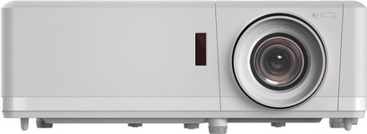 Optoma UHZ50 hvid videoprojektor, set forfra, linse til højre, ventilationsgitter til venstre
