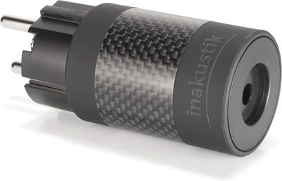 Skråt cylindrisk strømforsyningsadapter, tekstureret overflade i kulfiber, sort spids, 2 synlige metalstifter