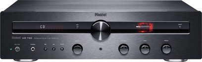 Afdæmpet sort front på en Magnat MR 750 stereo hi-fi-forstærker med velplacerede røde knapper og display