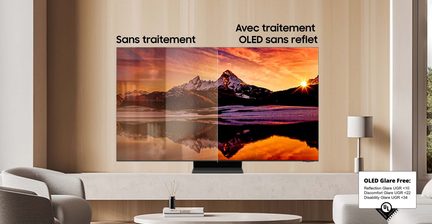 Pantalla plana rectangular vista de frente, dividida en dos partes, colocada sobre un soporte negro, fondo de pared beige, lámpara blanca a la derecha.