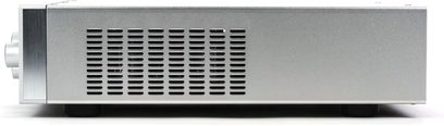 STAX SRM-T8000 silver headphone amplifier, front view, rectangular ventilation grille with horizontal slats