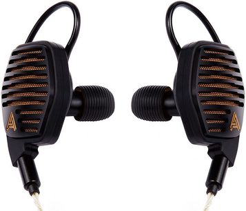 Audeze LCD-i4 åbne in-ear hovedtelefoner, sort og guldfarvet kabinet, aftagelig ledning, på grå baggrund