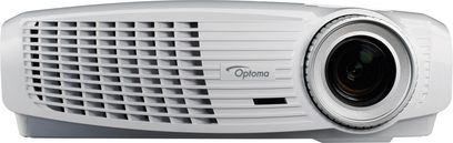 Optoma HD25e hvid videoprojektor, set forfra, ventilationsgitter til venstre, linse til højre