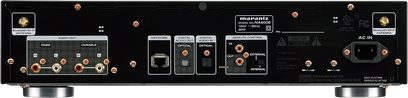 Marantz NA6006 netværksaudioafspiller i sort, set forfra, audio- og netværkstilslutninger, display, kontrolknapper