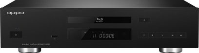 OPPO BDP-101CI EU sort 4K Blu-ray-afspiller, frontvisning, blåt digitalt display, frontpanel med knapper og diskskuffe
